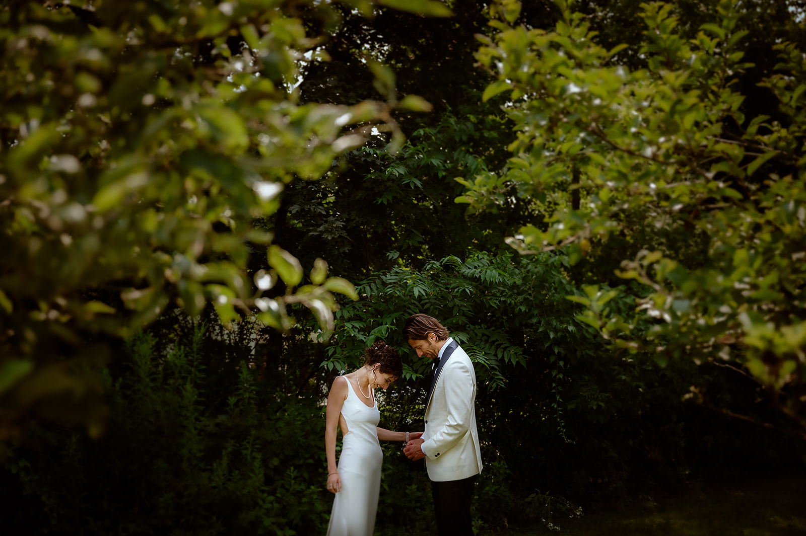 The bride and groom having their first look before they get married in a very emotional time of at the Hubble Homestead in the Vermont